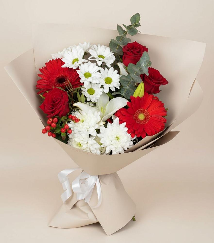Букет цветов из: Розы, Хризантемы, Герберы и Лилии в Большое Нагаткино